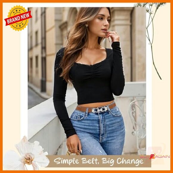 Skinny Elastic Waist Belt Stretchy Thin Gold Buckle for Jeans Dress - Picture 5 of 7